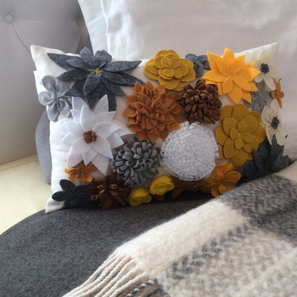 Felt Floral Lumbar Pillow Cover, Bedding Accent Pillow,Gray Pillow, Bedroom Decor, Home Decor, Wedding Gift, Flower Pillow,3D Felt Pillow