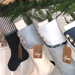 Personalized Christmas Stockings, Light Blue and Creamy White Holiday Socks, Modern Christmas Stockings, French Style Holiday Gift Socks