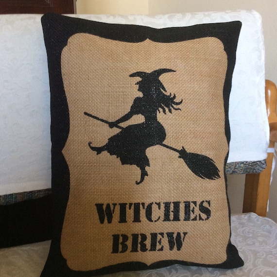 Witch on a Broomstick Pillow, Halloween Witch Pillow, Stuffed Halloween Burlap Pillow, Pillow With Saying, Witches Brew Porch Pillow