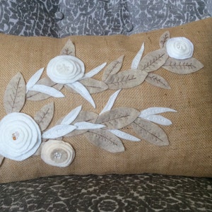 Burlap Lumbar Pillow Cover: White Felt Flower Appliqué, Sewn Leaves