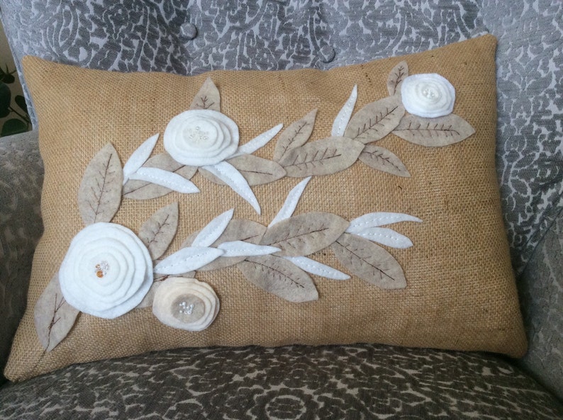 White Felt Flower Appliqué Pillow Cover Lumbar Etsy