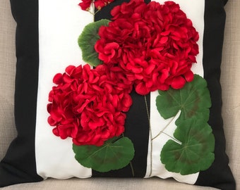 Red Geranium Pillow Cover: 3D Flower, Black and White Stripe, Water Resistant