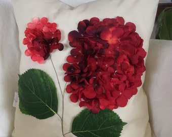 Red Outdoor Pillow Cover, Hydrangea Flower Pillow, All Weather Cushion, Red Flower Patio Pillow, Porch Bench Throw Pillow, Wedding Decor, 3D