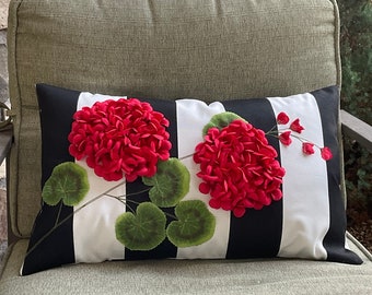 Red Geranium Outdoor Pillow Cover, Flower Pillow, 3 Dimensional Summer Pillow, Porch Pillow, Water Resistant Pillow Sham,