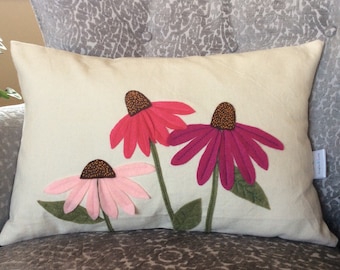 Cone Flower Pillow Cover,  Hot Pink Floral Applique, Summer Flower Felt Patch Cushion