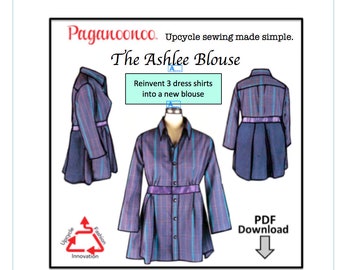 DIY Refashion Sewing Instructions, AshleeBlouse + Judy Flower made from dress shirts.  Easy to fit, empire waist. Digital copy -YOU PRINT
