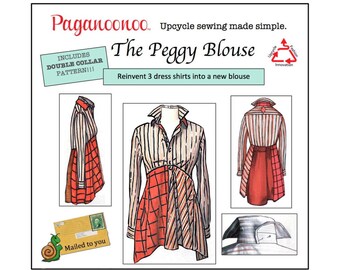 DIY Upcycle sewing instructions for Peggy Blouse with Double Collar. Upcycle dress shirts into a woman's blouse. Lagenlook, Petite - Plus