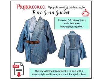PDF tutorial "Boro Style" Jean Jacket Paganoonoo. Unisex Recycle denim jeans into timeless shaped jacket (print at home)