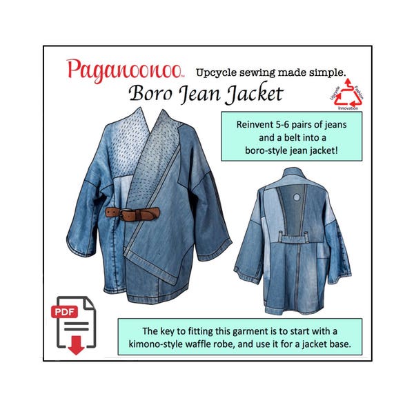 PDF tutorial "Boro Style" Jean Jacket Paganoonoo. Unisex Recycle denim jeans into timeless shaped jacket (print at home)