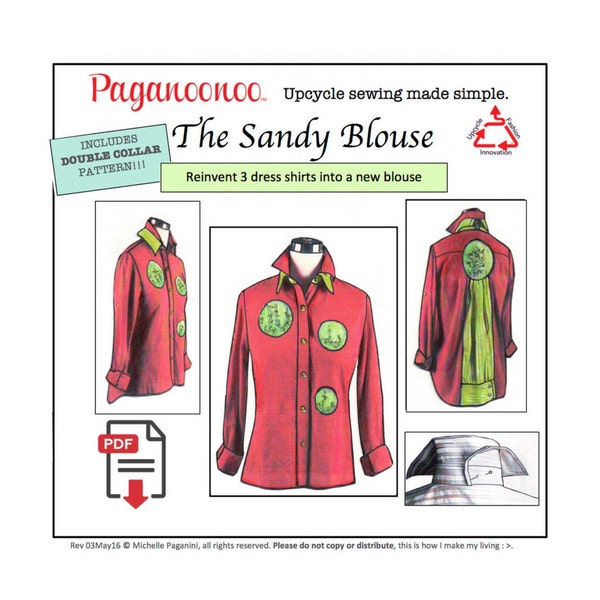 PDF upcycle sewing instructions Paganoonoo Sandy Blouse Pattern & Double Collar. Transforms dress shirts to art! Woman's Blouse. YOU PRINT