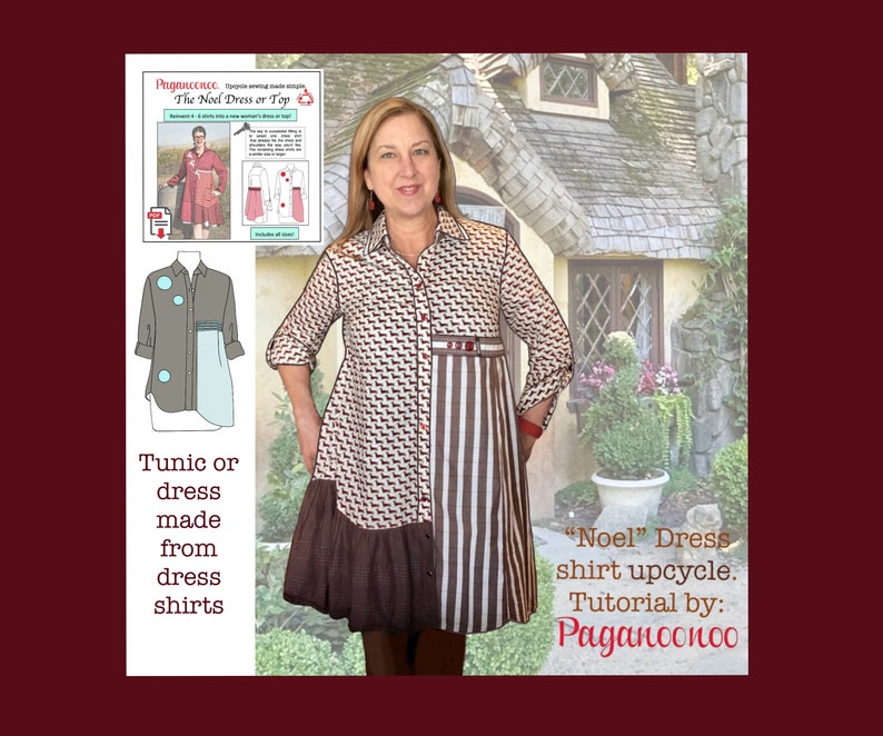 Pode incluir: Uma mulher vestindo um vestido com padr&atilde;o marrom e branco com um painel listrado marrom e branco. O vestido &eacute; feito de camisas recicladas. O texto "Noel" Dress shirt upcycle. Tutorial by: Paganconec" &eacute; vis&iacute;vel na imagem.