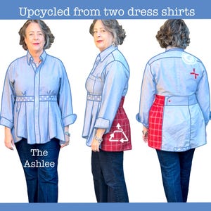 AshleeBlouse + Judy Flower upcycle sewing tutorial. Made from dress shirts! Easy to fit, empire waist. PDF copy delivered by email.