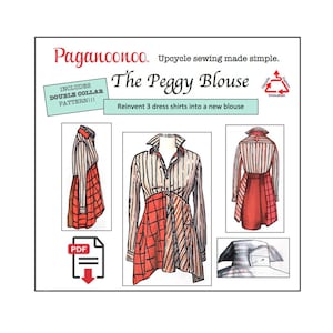 PDF tutorial Paganoonoo "Peggy" w/ bonus double collar. upcycle sewing DIY Recycle dress shirts into woman's blouse! All sizes You PRINT