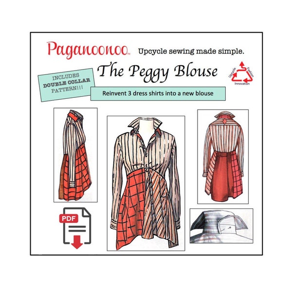 PDF tutorial Paganoonoo "Peggy" w/ bonus double collar. upcycle sewing DIY Recycle dress shirts into woman's blouse! All sizes You PRINT