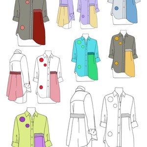 Pode incluir: Uma ilustra&ccedil;&atilde;o de linha de uma camisa com diferentes combina&ccedil;&otilde;es de cores. A camisa &eacute; de manga comprida, abotoada e com uma bainha dividida. A ilustra&ccedil;&atilde;o mostra diferentes combina&ccedil;&otilde;es de cores para a camisa, incluindo vermelho, azul, verde, amarelo e roxo. O texto "Paganoonoo. The Noel Top" est&aacute; no topo da imagem. O texto "De que cor voc&ecirc; vai fazer a sua? Upcycle sewing made simple." est&aacute; na parte inferior da imagem.