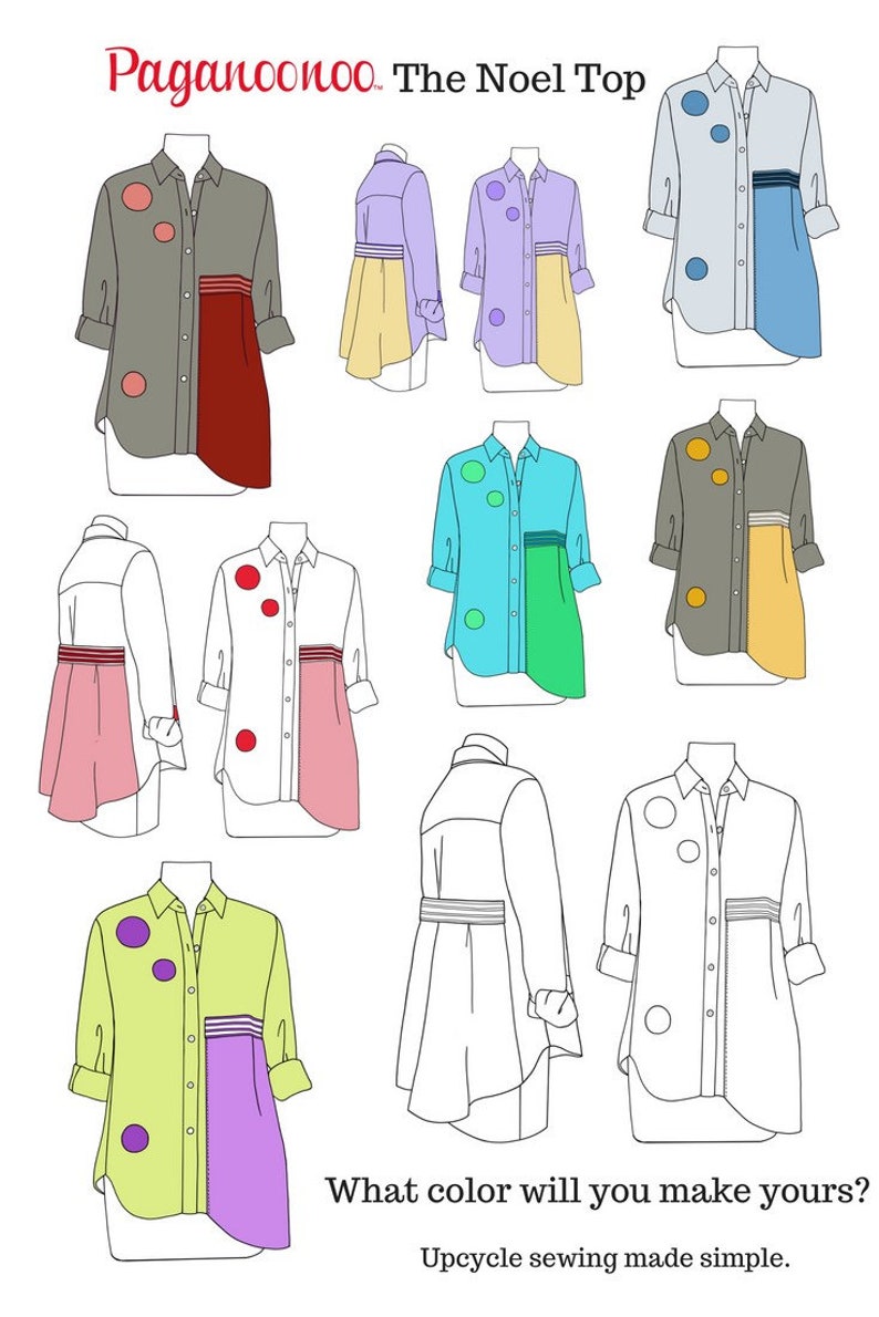Pode incluir: Uma ilustra&ccedil;&atilde;o de linha de uma camisa com diferentes combina&ccedil;&otilde;es de cores. A camisa &eacute; de manga comprida, abotoada e com uma bainha dividida. A ilustra&ccedil;&atilde;o mostra diferentes combina&ccedil;&otilde;es de cores para a camisa, incluindo vermelho, azul, verde, amarelo e roxo. O texto "Paganoonoo. The Noel Top" est&aacute; no topo da imagem. O texto "De que cor voc&ecirc; vai fazer a sua? Upcycle sewing made simple." est&aacute; na parte inferior da imagem.