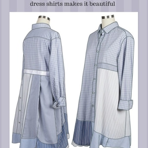 Pode incluir: Um vestido azul e branco xadrez feito de camisas recicladas. O vestido tem um design simples de linha A e apresenta blocos de cores. O texto "The Paganoonoo Noel Dress is a simple a-line design upcycled from dress shirts. The subtle color blocking from the various dress shirts makes it beautiful. Make your own version using our upcycle sewing instructions. We set you up for success!" &eacute; vis&iacute;vel na parte superior e inferior da imagem.