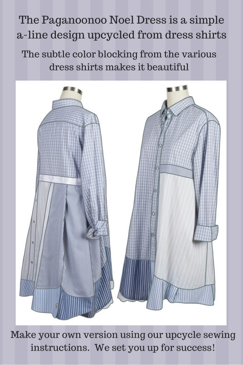 Pode incluir: Um vestido azul e branco xadrez feito de camisas recicladas. O vestido tem um design simples de linha A e apresenta blocos de cores. O texto "The Paganoonoo Noel Dress is a simple a-line design upcycled from dress shirts. The subtle color blocking from the various dress shirts makes it beautiful. Make your own version using our upcycle sewing instructions. We set you up for success!" &eacute; vis&iacute;vel na parte superior e inferior da imagem.