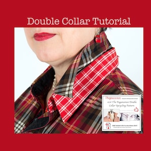 May include: A red and black plaid shirt with a red double collar. The shirt has a black button and a pearl necklace. The text on the image reads "#26 The Paganoonoo Double Collar Upcycling Pattern" and "Add instant chic to any dress shirt!"