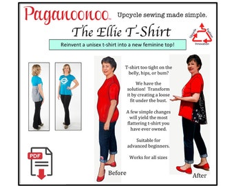 Ellie upcycle sewing tutorial, t-shirt refashion. Get more hip & belly room, no pattern pieces needed. Perfect fit!