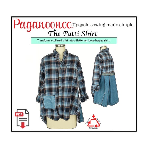 Instructions de couture PDF pour la blouse Patti et la fleur Judy. Transformez vos chemises en chemisiers pour femmes ! Haut de tunique effet lagen. VOUS IMPRIMEZ