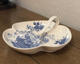 RARE Vintage Blue Floral Transferware 3-Divided Dish by Crown Devon Fielding's Made in England, 1940s, Staffordshire English Pottery