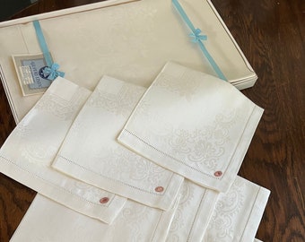 Vintage White Damask Pure Linen 66" x 86" Tablecloth with 8 18"-Matching Napkins from Czechoslovakia, Never Used, Original Box