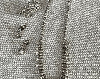 Vintage Rhinestone 4-piece Set — Necklace, Clip Earrings and Pin, 1950s, Perfect for Wedding, Bridal, Prom, Event
