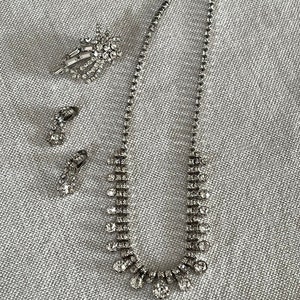 Vintage Rhinestone 4-piece Set — Necklace, Clip Earrings and Pin, 1950s, Perfect for Wedding, Bridal, Prom, Event