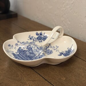 RARE Vintage Blue Floral Transferware 3-Divided Dish by Crown Devon Fielding&#39;s Made in England, 1940s, Staffordshire English Pottery