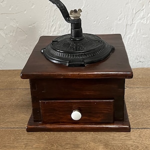 Vintage Hand-Crank Wood and Cast Metal Coffee Grinder, Antique Collectible, Modern Farmhouse, Kitchen Decor