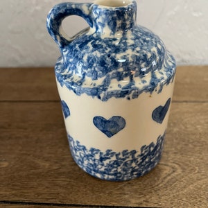 Vintage Small Hand-Painted Blue Spongeware Crock with Hearts, Like New