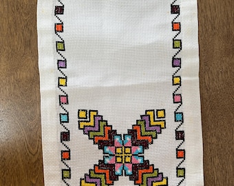 Vintage Traditional Folk-Art Ukrainian Cross Stitch Table Runner, Hand Embroidered in Colorful Hues with Black Accents