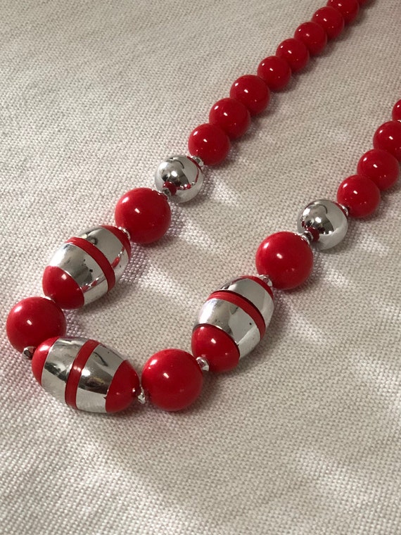 Red and Silver Vintage 1980s Beaded Necklace, Ret… - image 1