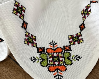 Vintage Traditional Folk-Art Ukrainian Cross Stitch Table Runner, Hand Embroidered with Black Accents