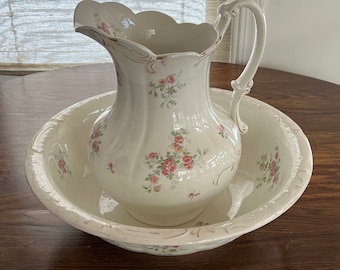 Victorian Trading Co French Flower Basket Pitcher & Bowl Basin Bath Victorian Trading Co French Flower Basket Pitcher & Bowl Basin Bath