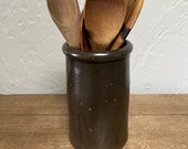 Vintage Stoneware Saltglazed Brown Utensil Crock, Modern Farmhouse