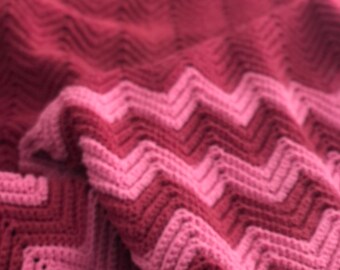 Vintage Handmade Afghan Throw Blanket Crocheted Purple Ombre Chevron Zig Zag