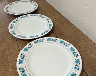 3 RARE Fine China Salad Plates with Blue, Gray and Black Flowers with Silver Rim