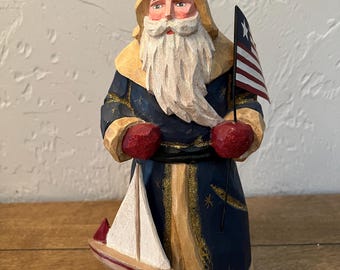 RARE Vintage 15" Blue Santa Holding a Sailboat and American Flag, Made in Phillippines