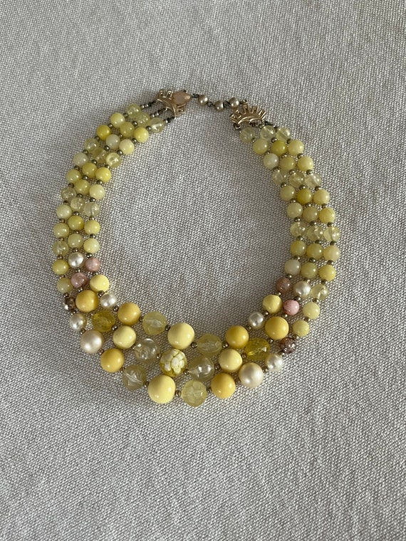 RARE Vintage Triple Strand Yellow Beaded Necklace,