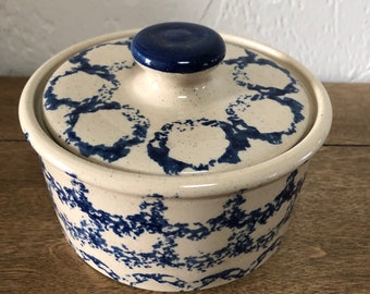 Vintage Blue Spongeware Stoneware Crock with Lid  by Westerwald Pottery, Dated and Signed 1993, Modern Farmhouse
