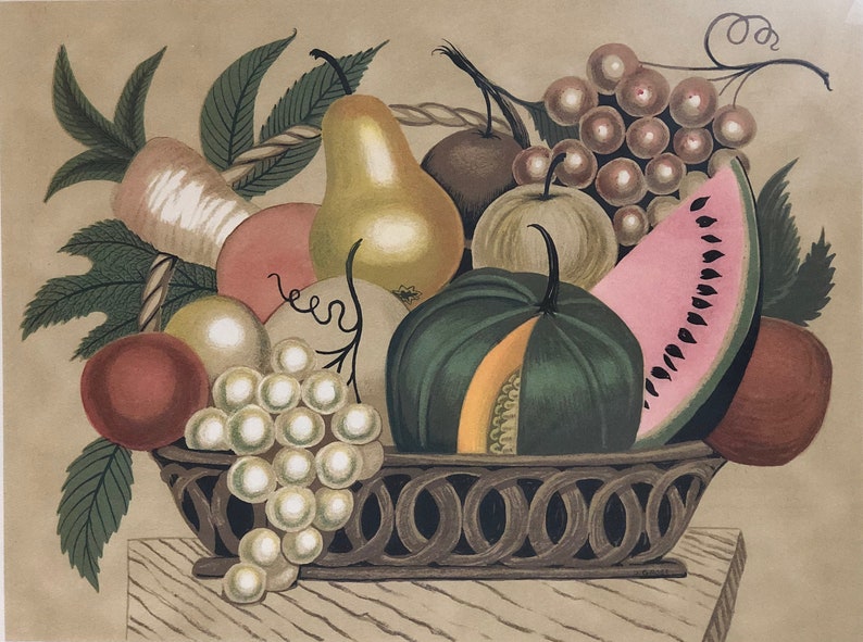 Vintage Folk Art Fruit Basket Print With Gold Wood Frame - Etsy