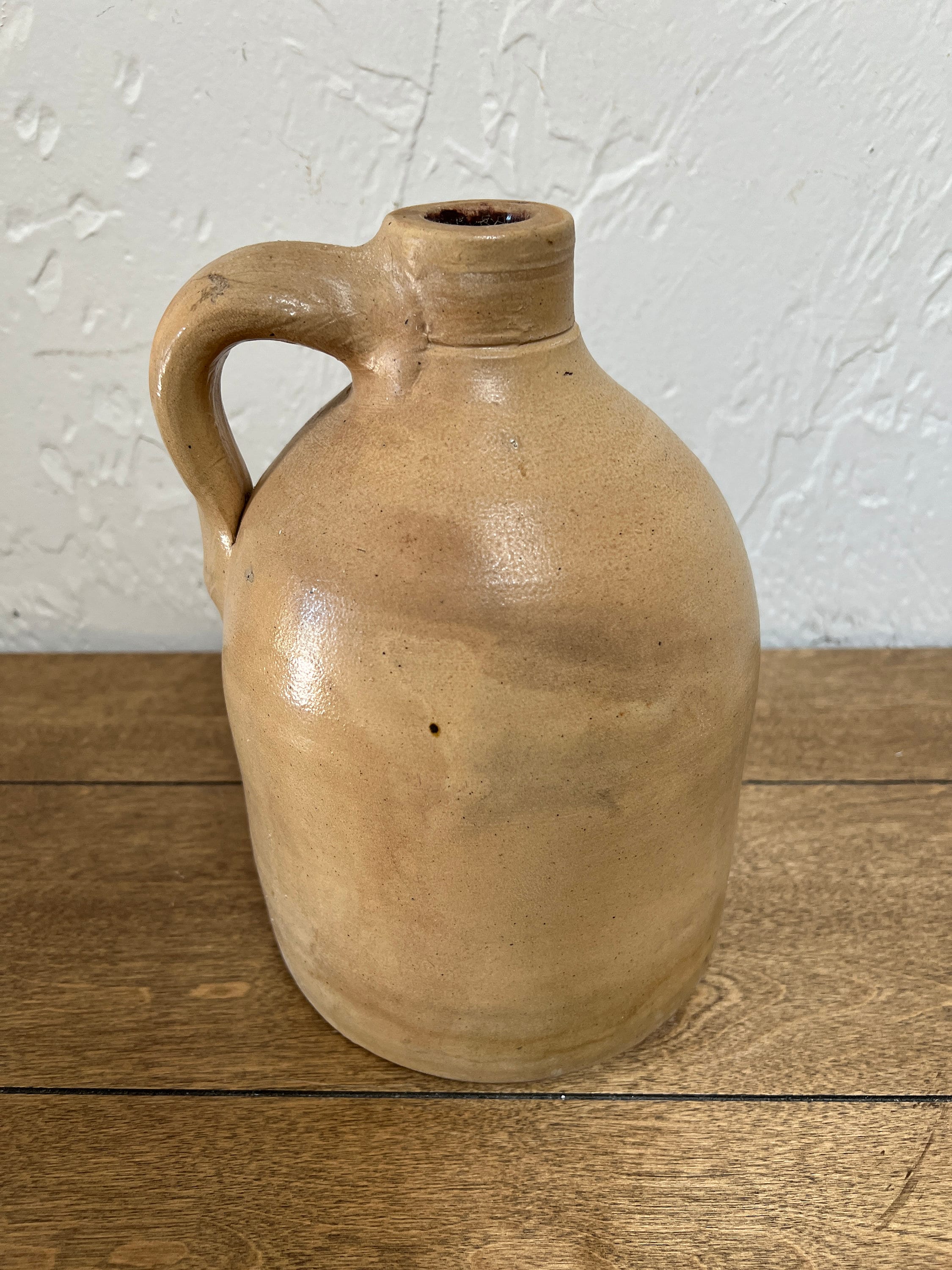Primitive Antique Stoneware Salt Glazed Tan Jug, Whiskey Jug, Crock, Farmhouse Antiques