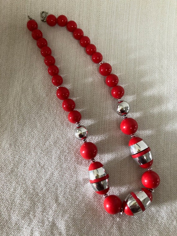 Red and Silver Vintage 1980s Beaded Necklace, Ret… - image 2
