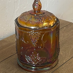 Vintage Gold Iridescent Carnival Glass Jar Canister By Indiana Glass Harvest Grape