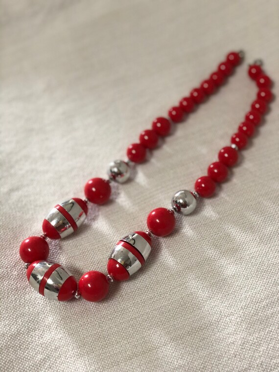 Red and Silver Vintage 1980s Beaded Necklace, Ret… - image 3