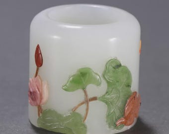 Vintage White Jade Thumb Ring with Multi-Stone Inlay feature Lotus & Frogs Motif