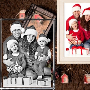 Christmas Tabletop Decor, Personalized Crystal Photo, Laser Engraved Frame, Holiday Present, Gift for Him & Her | 3D Photo Crystal Picture