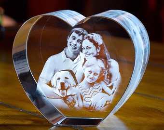 Gift for Pet Lovers, Laser Etched Crystal Picture, Custom Engraved Glass, Personalized, Anniversary, Wedding - 3D Photo Crystal Heart